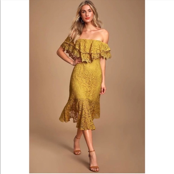 Lulu’s Jaclyn Golden Yellow Mustard lace Off-the-shoulder midi dress - Picture 7 of 7